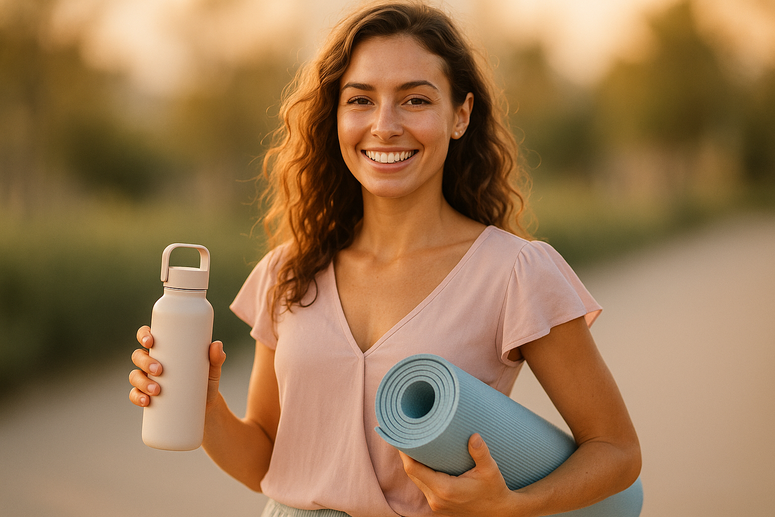 A confident young woman smiling naturally, glowing healthy skin, fit and energetic, casual chic outfit with soft feminine details, holding a reusable water bottle and a yoga mat, standing outdoors in warm golden sunset light, pastel color tones (tea rose, alice blue), lifestyle photography, minimal modern composition, airy and positive atmosphere, elegant and empowering vibe, high resolution, professional camera